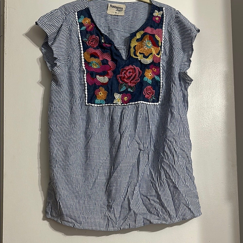 Savanna Jane Blue and White Embroidered Bohemian Blouse